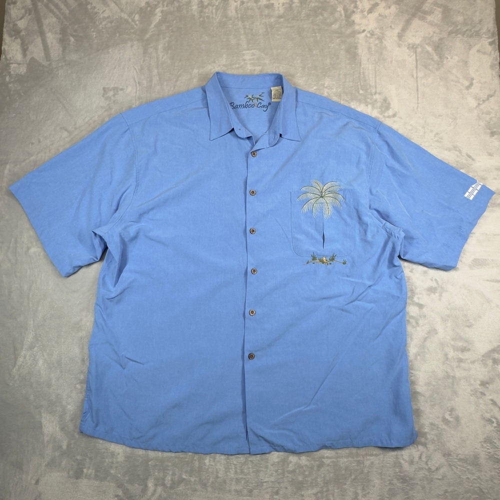 Bamboo Cay Button Down Mens XXL Blue Palm Tree Embroidered Short Sleeve Shirt